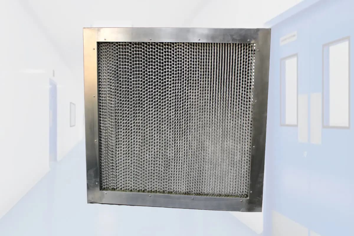 HEPA filter installed in a cleanroom ceiling terminal housing